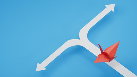 Decision business, Problem solving, way to success concept. Red paper swan flying choose a way to success. paper art style.3D rendering on blue background.の写真素材