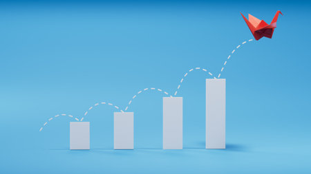 Paper swan flying on growing graph.Paper art style of business success creative concept idea.3D rendering on blue background.の写真素材