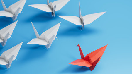 Different business concept.new ideas. paper art style. creative idea.Red and white paper swan. leader swan concept.3D rendering on blue background.の写真素材