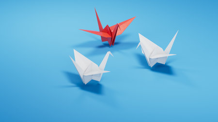 Different business concept.new ideas. paper art style. creative idea.leader swan concept, blue leader swan leading white swans.3D rendering on blue background.の写真素材