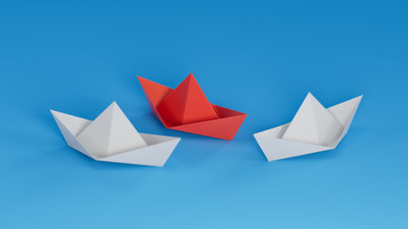 Different business concept.new ideas. paper art style. creative idea.leader boat concept, blue leader boat leading white boats.3D rendering on blue background.の写真素材