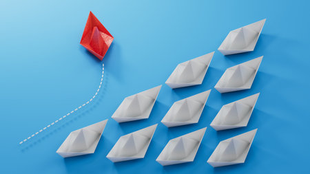 Individuality concept. Individual and unique leader red paper boat flies to the side. 3D...