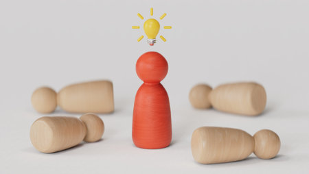 Wooden figure with drawing light bulb on cube among other wooden with question mark, Problem solving...