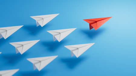 Different business concept.new ideas. paper art style. creative idea.Business competition concept with Colorful paper planes.3D rendering on blue background.の写真素材