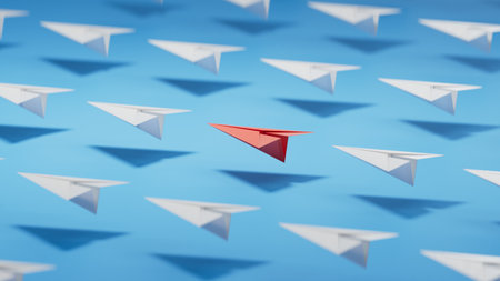 Different business concept.new ideas. paper art style. creative idea. red leader plane, standing out from the crowd of white planes.3D rendering on blue background.の写真素材