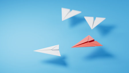 Different business concept.new ideas. paper art style. creative idea.fleet of origami paper planes. Teamwork concept.3D rendering on blue background.の写真素材