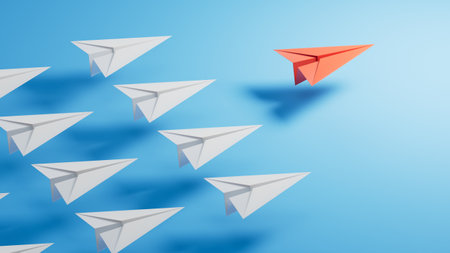 Different business concept.new ideas. paper art style. creative idea.Leaderplane concept, blue leader plane leading white planes.3D rendering on blue background.の写真素材