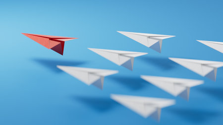 group of paper planes on a white background. concept of a strong leader in a team, manipulation of the masses, following new perspectives, collaboration and unification. Startupの写真素材