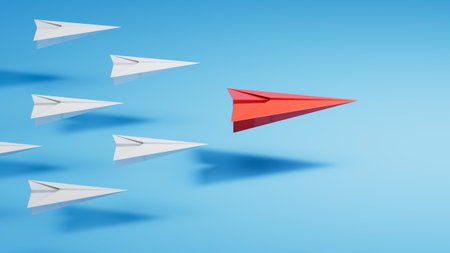 Row of paper planes. Business concept of creative innovation and leader plane. Flat lay red origami...