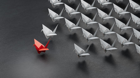 Different business concept.new ideas. paper art style. creative idea.red leader swan, standing out from the crowd of white swans.3D rendering on black background.の写真素材