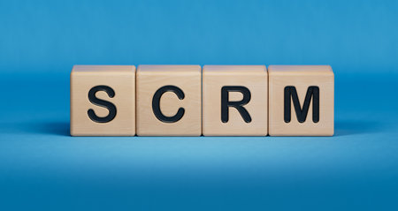 Abbreviation Scrm on wooden cubes. Business analysis concept.close up of wooden elements,Business Concept.3D rendering on blue background.の写真素材