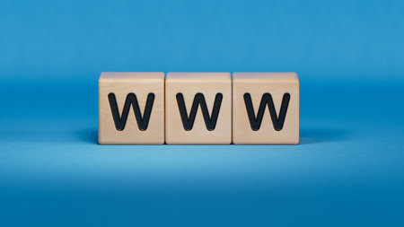 WWW website url of three words on wooden cube block, minimal background concept for internet connection, magnifier.Business Concept.3D rendering on blue background.の写真素材