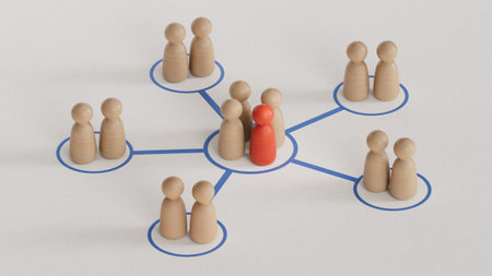 Communication in a business team online and with each other. Social connections between people. Team communication with the leader or new member of the group.の写真素材