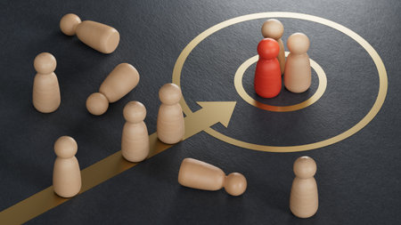 3D illustration, of a golden arrow breaking a brick wall with pawns. Overcome obstacles and success...