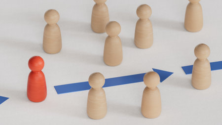 3D illustration of golden and white arrows with pawns moving from left to right. Concept of surpassing the competiton by moving faster. 3D rendering on white background.の写真素材