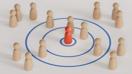 3d illustration of an inbound marketing concept with pawns around a golden landing page. Modern design. 3D rendering on white background.の写真素材