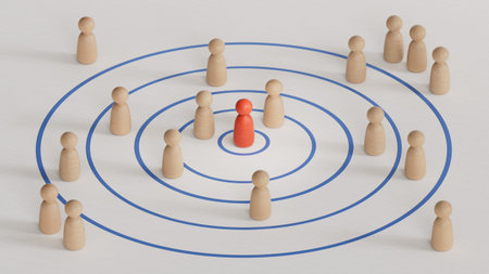3D illustration of pawns and queen of a chess game, on a target.Marketing and communication...