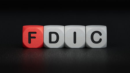 fdic word written on wooden cubes with copy space.close up of wooden elements,Business Concept.3D rendering on black background.の写真素材