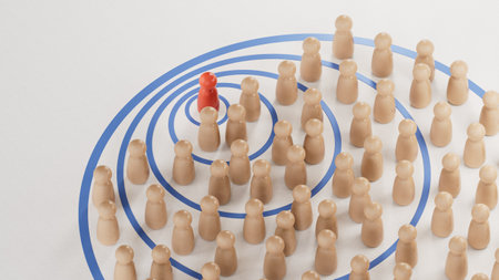 3D illustration of pawns with circles. Concept of influencer marketing and spheres of influence. 3D rendering on white background.の写真素材