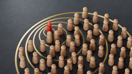 3D illustration of pawns with circles. Concept of influencer marketing and spheres of influence. 3D rendering on black background.の写真素材