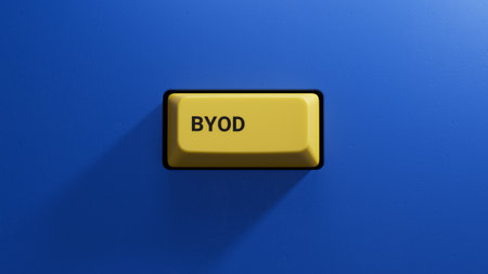 yellow button with BYOD business word.close up button of keyboard,Business Concept.3D rendering on blue background.の写真素材