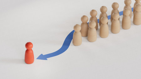 A red wooden figure stands apart from a line of beige figures, with a blue arrow indicating movement or direction between them. 3D illustration on white background.の写真素材