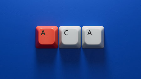 aca inscription on Computer keyboard keys, medicine concept.close up of Computer keyboard keys,Business Concept.3D rendering on blue background.の写真素材