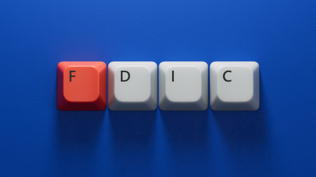 fdic word written on Computer keyboard keys with copy space.close up of Computer keyboard keys,Business Concept.3D rendering on blue background.の写真素材