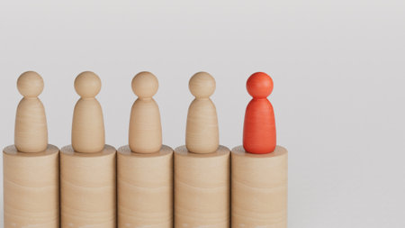 Leadership concept, red pawn of chess, standing out from the crowd of pawns. Leadership with business success concept. 3D rendering on white background.の写真素材