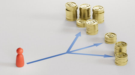 One pawn and many golden coins with 3 arrows. Investment decision making or porfolio diversification.3D rendering on white background.の写真素材