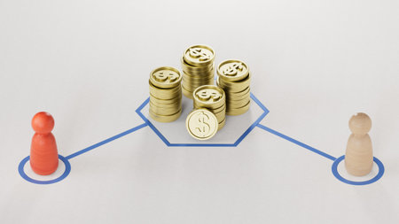Pawns and generic coins. Concept of locked-in money.Leadership with business success concept.3D rendering on white background.の写真素材