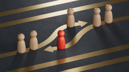 Red and white pawns with golden arrows. Employee swap or turnover concept.Leadership with business...