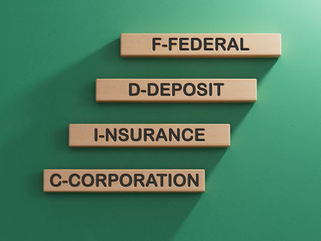 Closeup wood cubes into the row to complete the word fdic, converge benefits, mutal benefits concept.3D rendering on green background.の写真素材