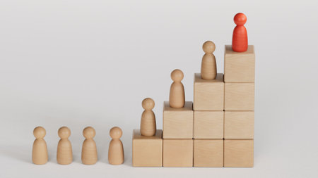 Wooden human figures in the stairs. Business. Career. Growth. Success.Leadership with business success concept.3D rendering on white background.の写真素材