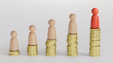 Wooden human figures with a growth graph and coins. Growth. Sales. Profits.Leadership with business success concept.3D rendering on white background.の写真素材