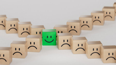 stand out from the crowd.Wood cube with smile, normal and sad face. Facial expressions. Mental health assessment.3D rendering on white background.の写真素材