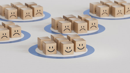 Facial expressions. wooden circles with emotions.Facial expressions. Mental health assessment.3D rendering on white background.の写真素材