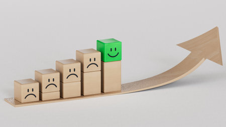 be first.Concept image of satisfaction level. wooden circles with emotions.Facial expressions. Mental health assessment.3D rendering on white background.の写真素材