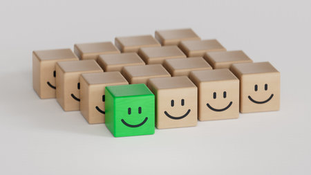 Green leader.wooden circles with emotions.Facial expressions. Mental health assessment.3D rendering...