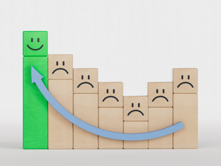 Green leader of business team.Wood cube with smile, normal and sad face. Facial expressions. Mental health assessment.3D rendering on white background.の写真素材