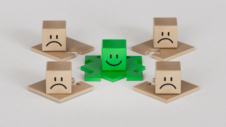 Green leadership.Wood cube with smile, normal and sad face. Facial expressions. Mental health...
