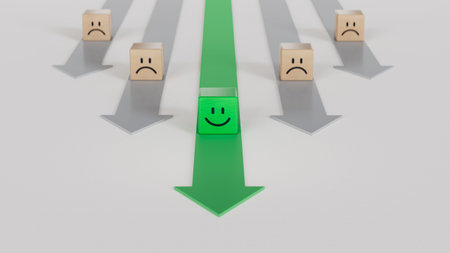 GREEN leader in business way.Wood cube with smile, normal and sad face. Facial expressions. Mental...