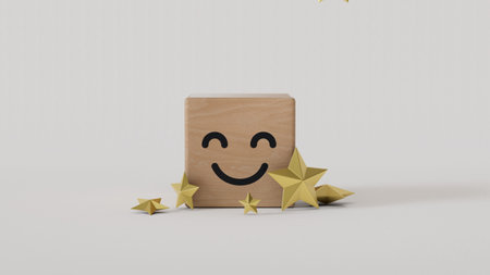 Smile face on green cube with golden five stars for customer or client survey and satisfaction after...