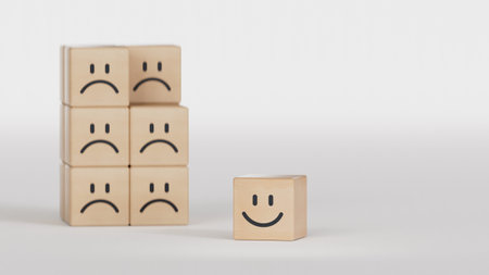Smiley face on wooden cube.Wood cube with smile, normal and sad face. Facial expressions. Mental...