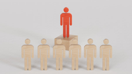 Wooden person model among people, Leadership concept. 3D rendering on white background.