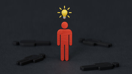 Wooden figure with drawing light bulb on cube among other wooden with question mark , Problem solving and creative idea concept.3D rendering on black background.の写真素材