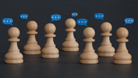 Social gathering with texting bubbles message communication on wooden figurine and table top. People...