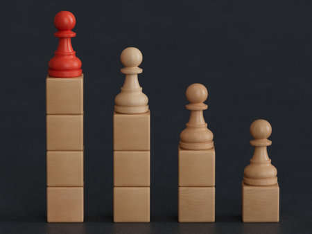 red wooden man doll on top of ladder on black background. Climbing Stairs success business leadership career growth opportunities performance progression step concept.の写真素材