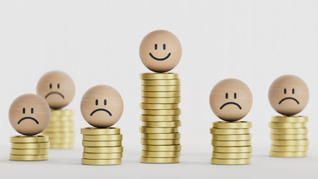 Coin stacking on smiley face and sad face for good financial planning can make happiness in life, Money saving and investment concept.3D rendering on white background.の写真素材