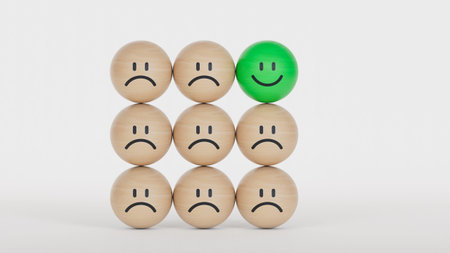 Select emotion or mood concept , Smile face which print screen on wooden BALL block move out from...